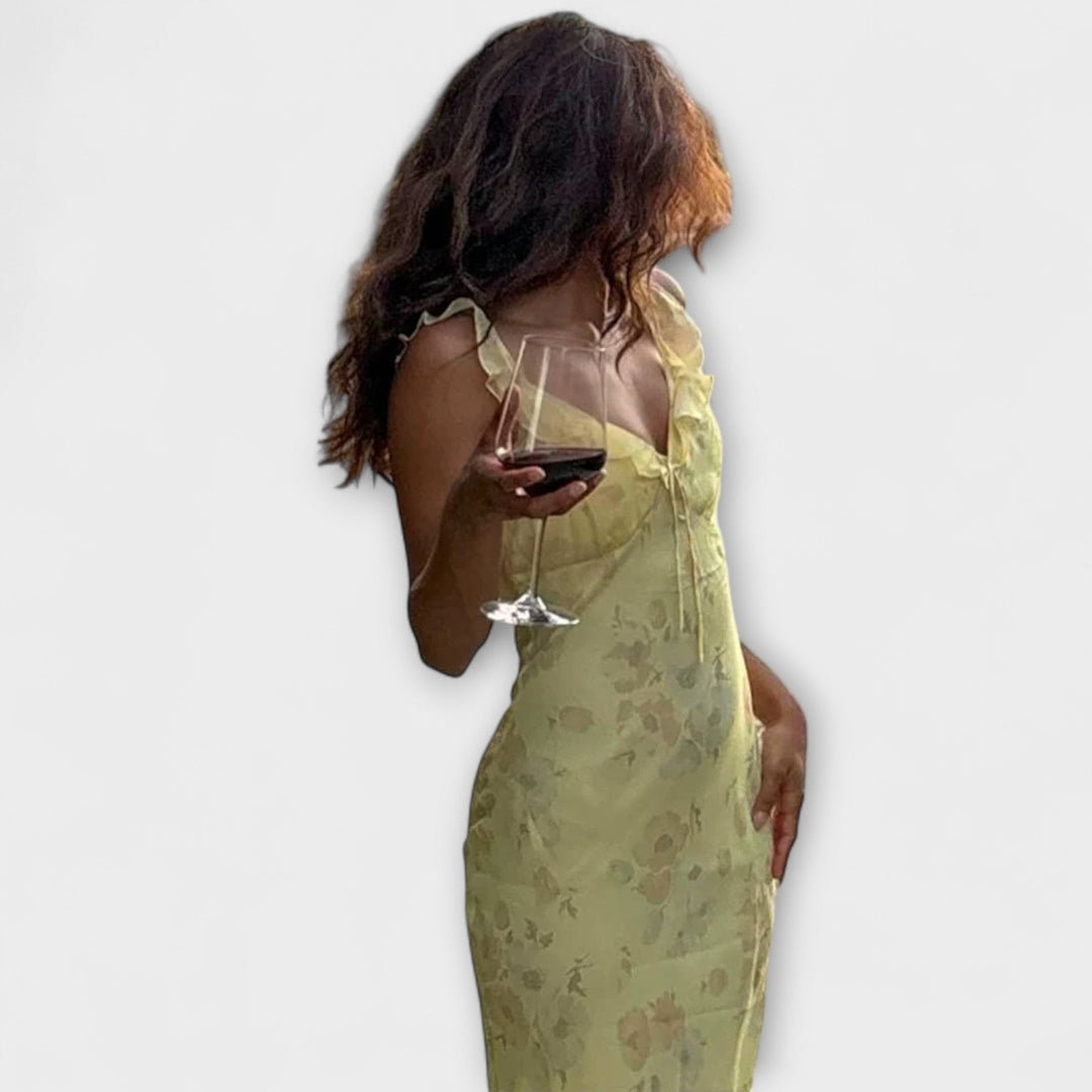 Robe maxi avec un motif floral mystérieux et un décolleté plongeant