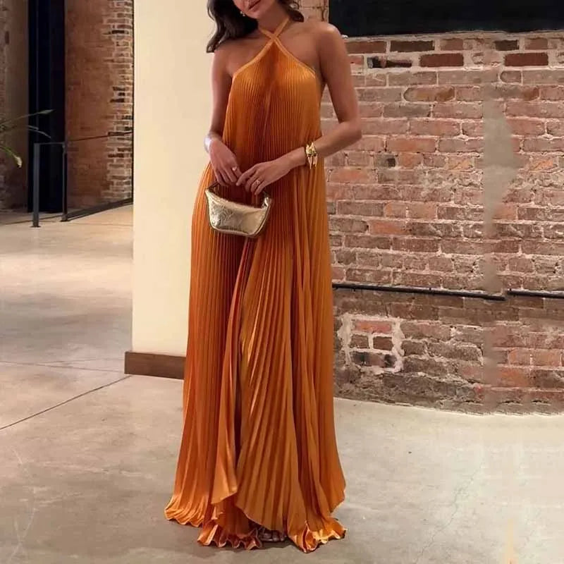 Tanya | Robe Maxi Plissée à Dos Nu pour Invité de Mariage
