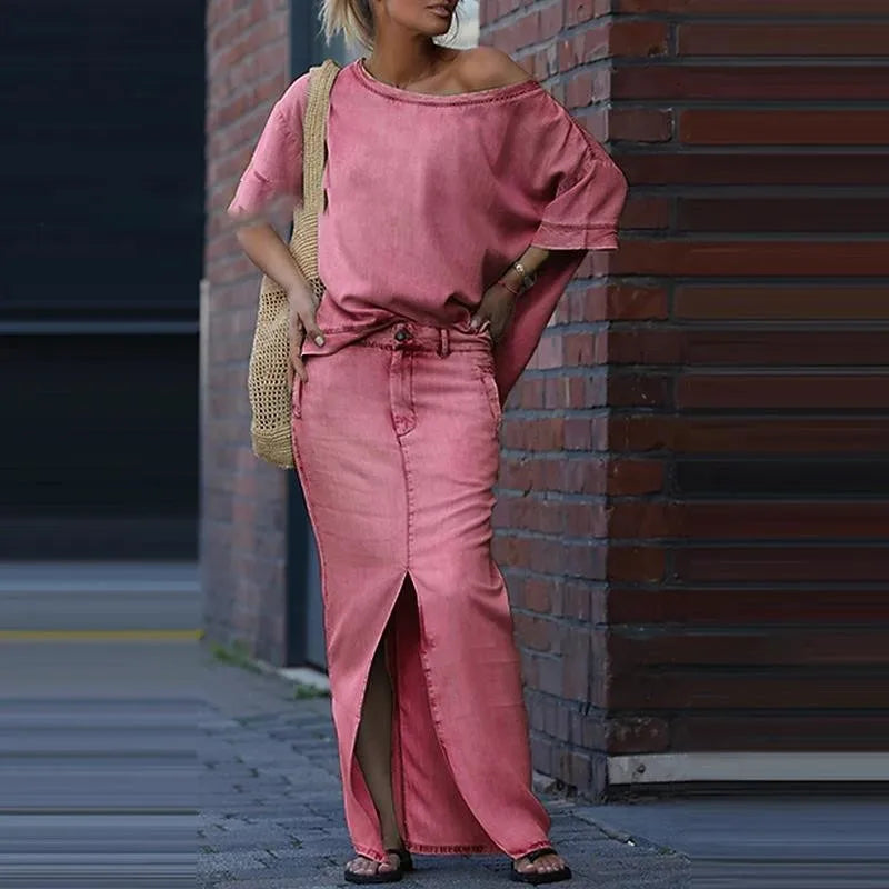 Ensemble Capri Bleu™ avec Haut Asymétrique et Jupe en Jean Légère