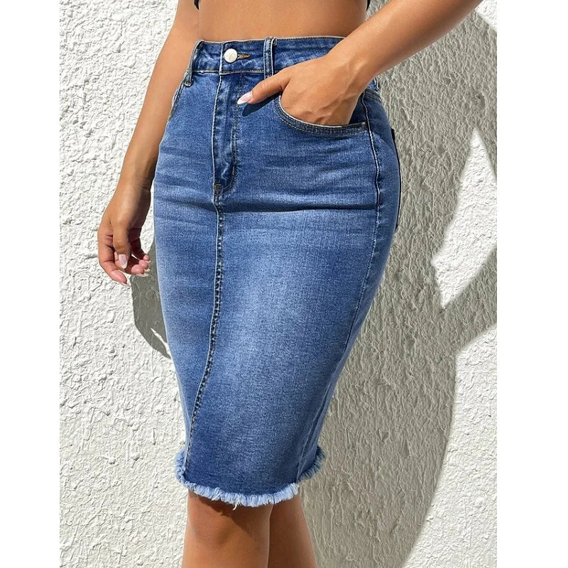 Jupe en Jean Crayon Taille Haute Longueur Genou Femme