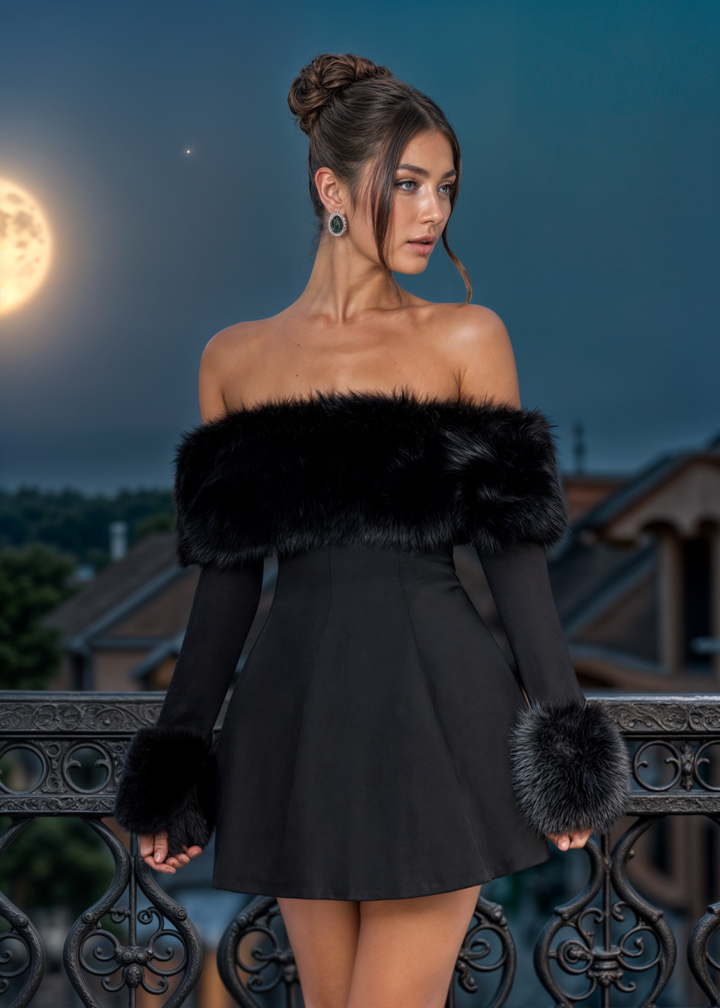 Serena | Robe mini sans épaules avec manches en fourrure