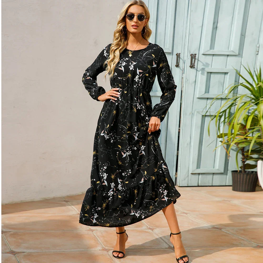 Robe maxi Boho à fleurs pour femmes | Manches longues