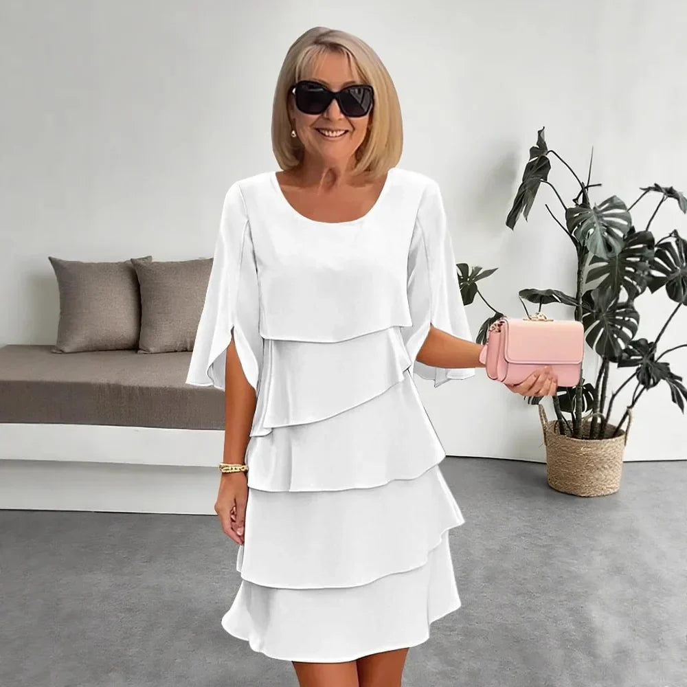 Robe midi Lara™ avec jupe à volants en couches et manches 3/4 évasées avec fente