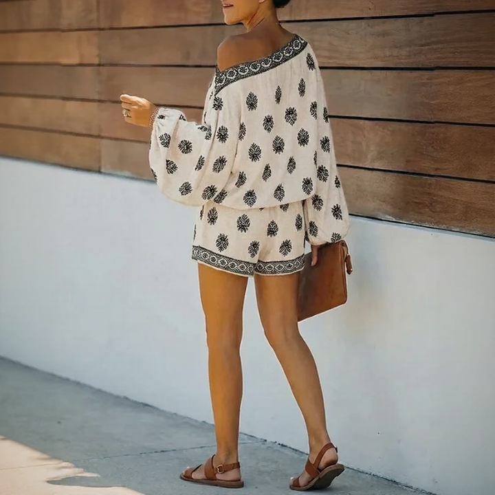 Maravie™ Combinaison Courte Avec Décolleté Bardot Et Motif Boho-Chic