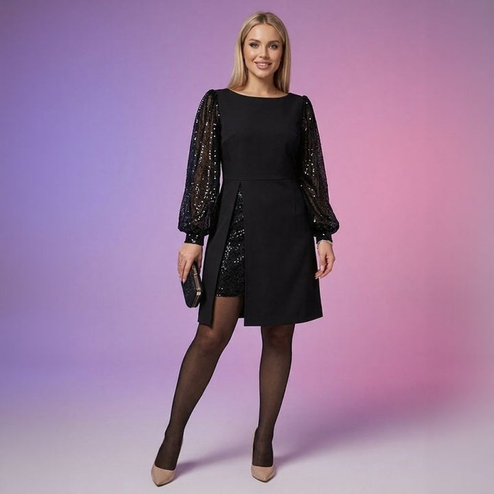 Robe midi Penelope™ avec manches bouffantes scintillantes et fente élégante