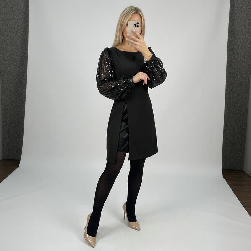 Robe midi Penelope™ avec manches bouffantes scintillantes et fente élégante