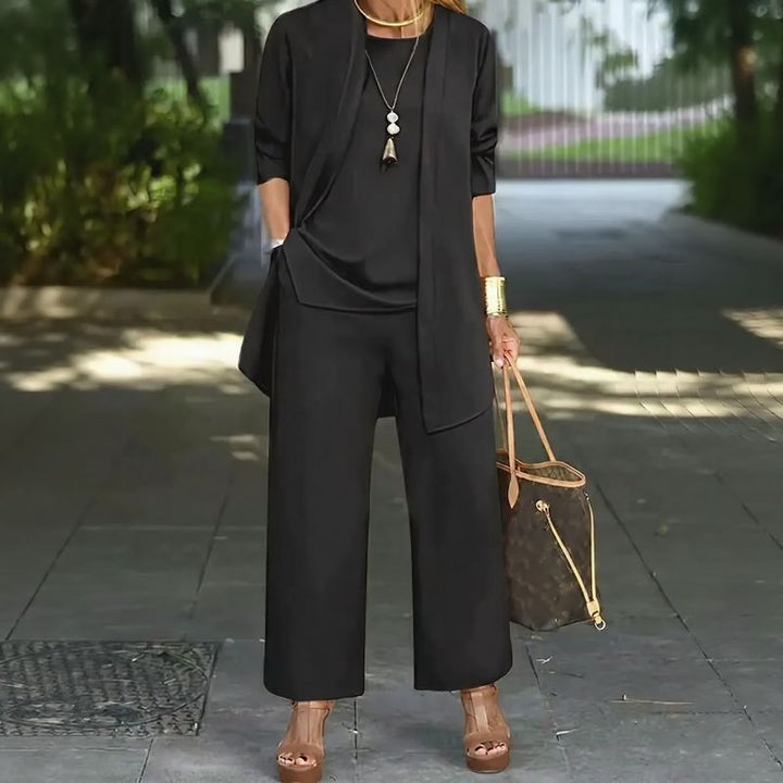 Jade™ Ensemble Minimaliste 3 Pièces avec Pantalon Palazzo et Cardigan Long