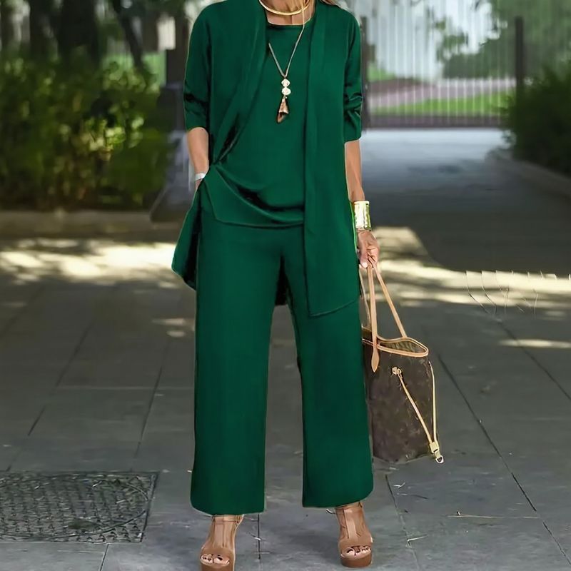 Jade™ Ensemble Minimaliste 3 Pièces avec Pantalon Palazzo et Cardigan Long