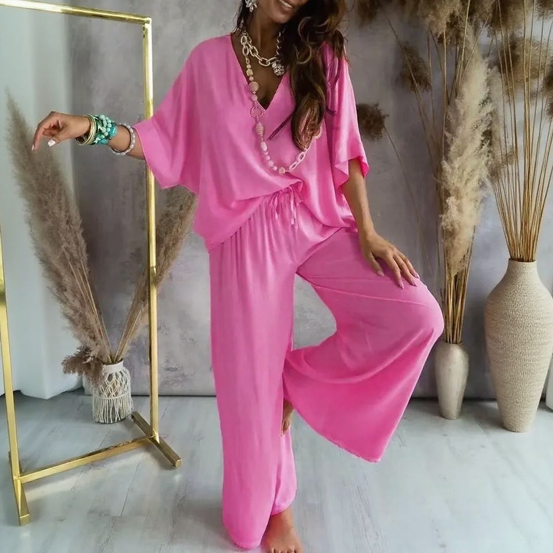 Ensemble Biarritz™ — Blouse à décolleté en V & Pantalon Palazzo avec taille à cordon ajustable