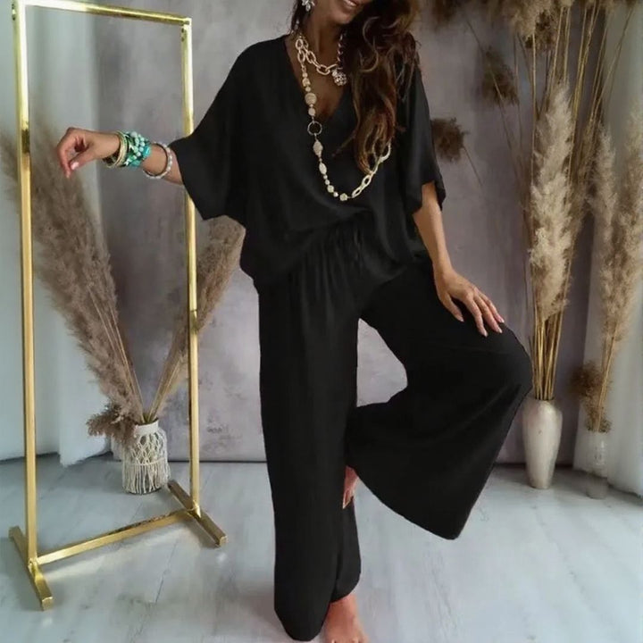 Ensemble Biarritz™ — Blouse à décolleté en V & Pantalon Palazzo avec taille à cordon ajustable
