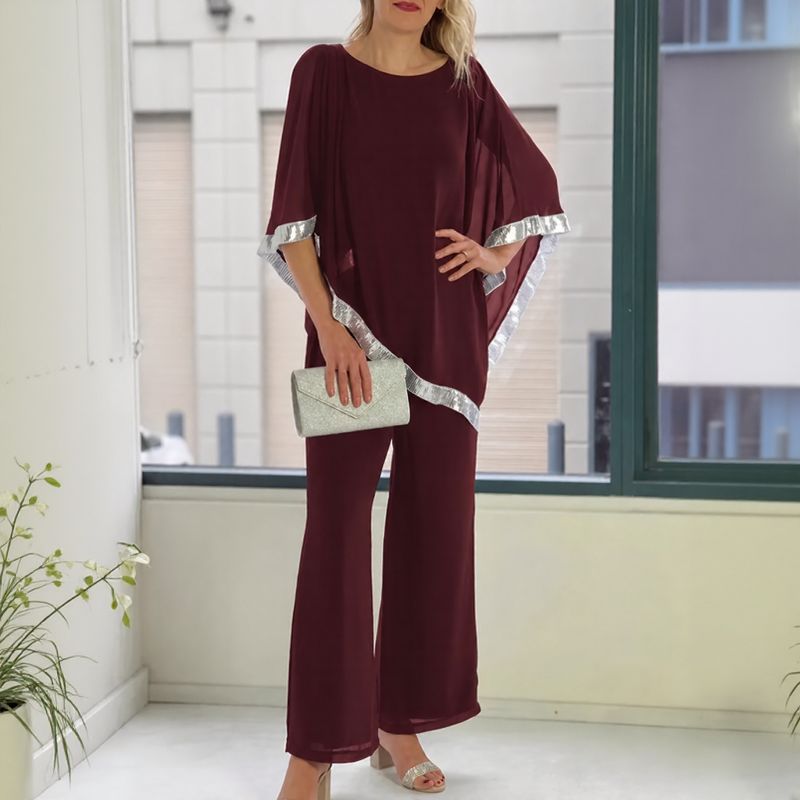 Lola™ Ensemble Blouse Oversize avec Détail Argenté Contrastant et Pantalon Palazzo