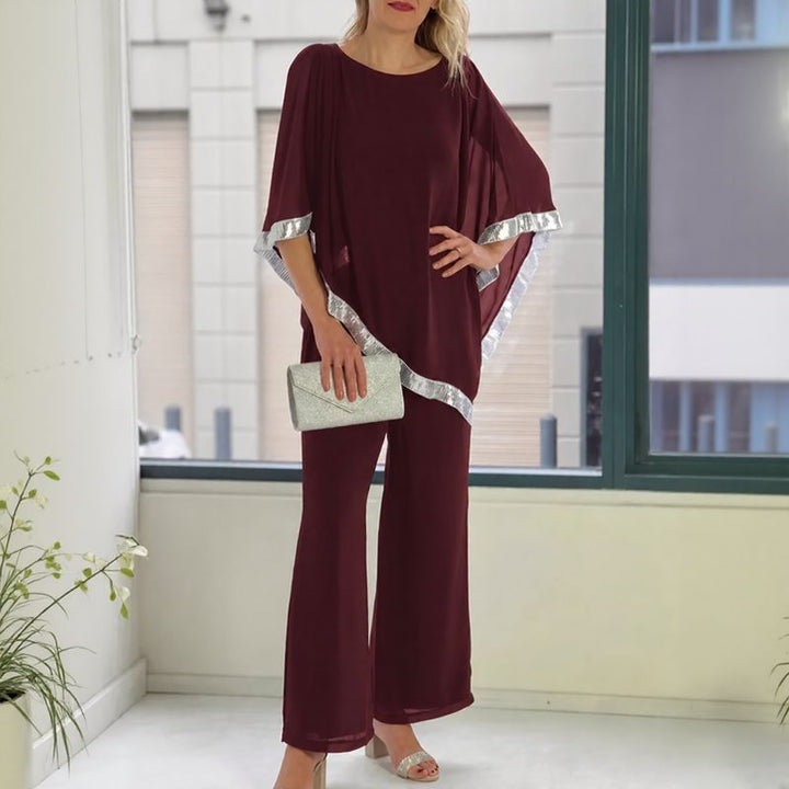 Lola™ Ensemble Blouse Oversize avec Détail Argenté Contrastant et Pantalon Palazzo
