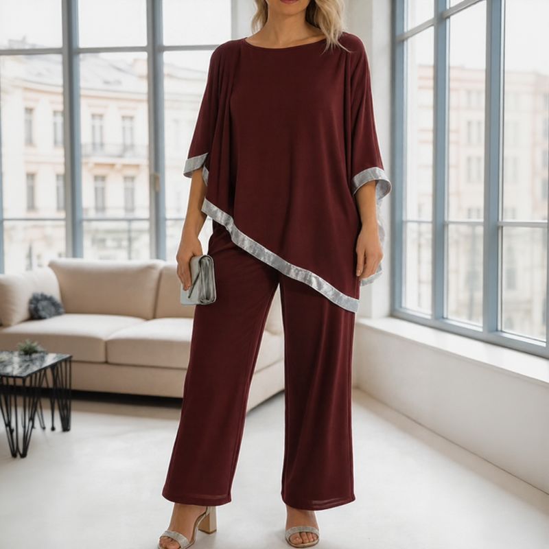 Lola™ Ensemble Blouse Oversize avec Détail Argenté Contrastant et Pantalon Palazzo