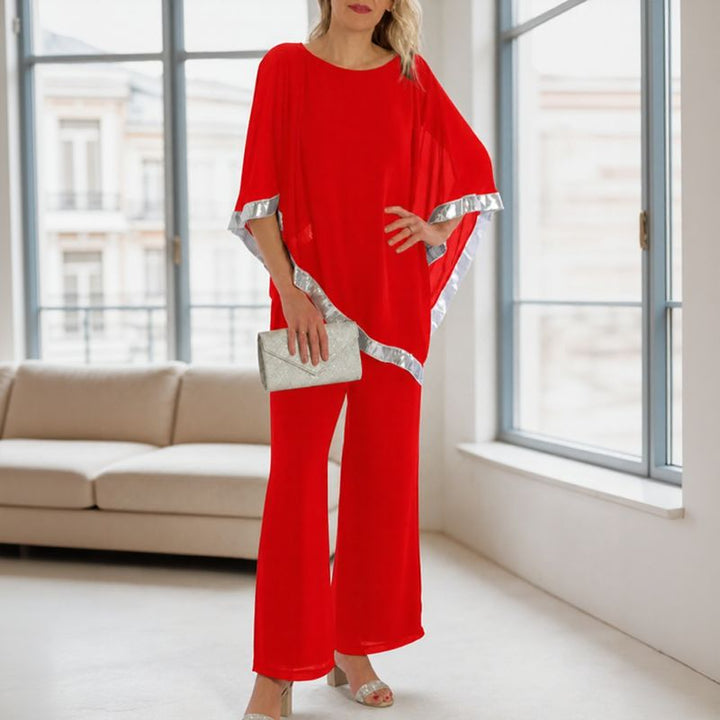 Lola™ Ensemble Blouse Oversize avec Détail Argenté Contrastant et Pantalon Palazzo