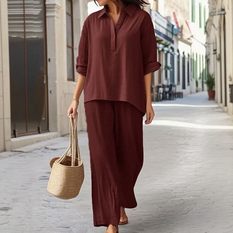 Karin™ Ensemble Blouse à Manches Longues avec Décolleté en V Boutonné et Pantalon Palazzo