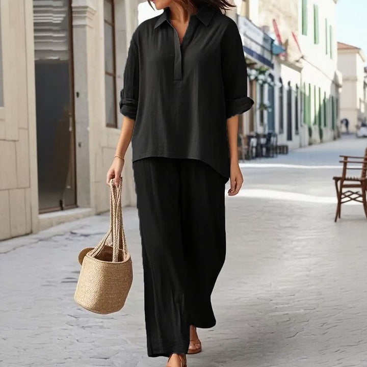 Karin™ Ensemble Blouse à Manches Longues avec Décolleté en V Boutonné et Pantalon Palazzo