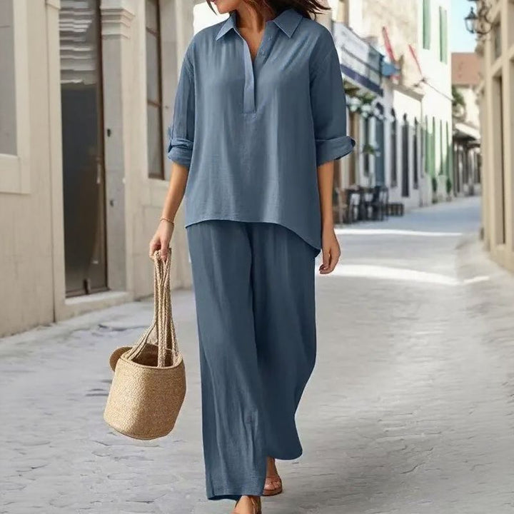 Karin™ Ensemble Blouse à Manches Longues avec Décolleté en V Boutonné et Pantalon Palazzo