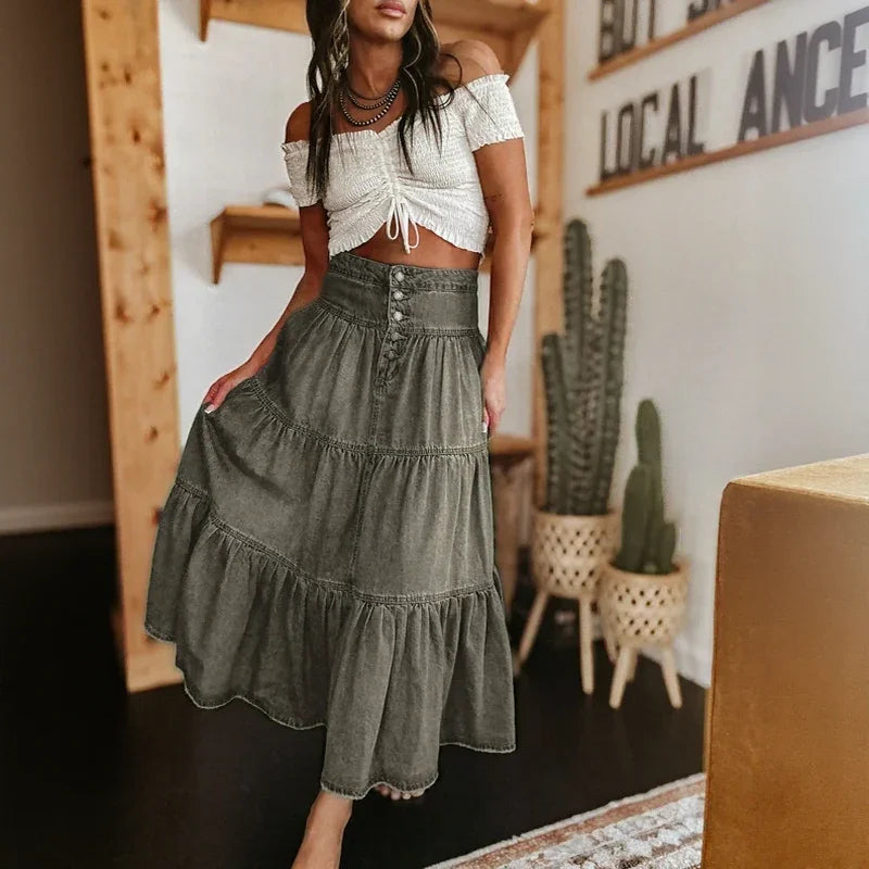 Jupe en Jean Belle Prairie™ avec des Niveaux Fluides en Look Usé