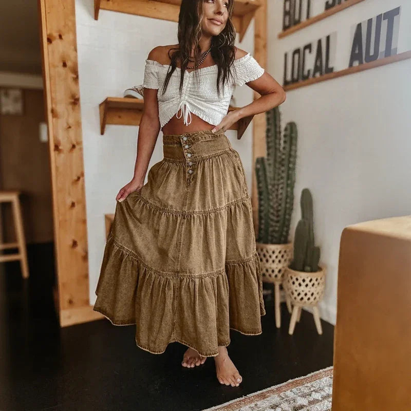 Jupe en Jean Belle Prairie™ avec des Niveaux Fluides en Look Usé