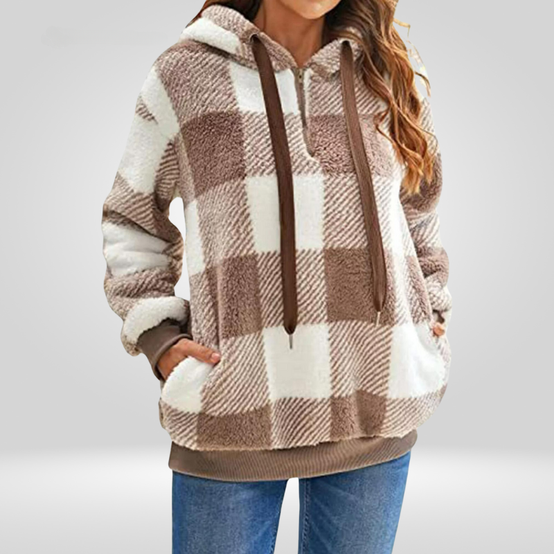 Sweat à Capuche Femme Avec Demi-Zip Et Motif À Carreaux | Tricot