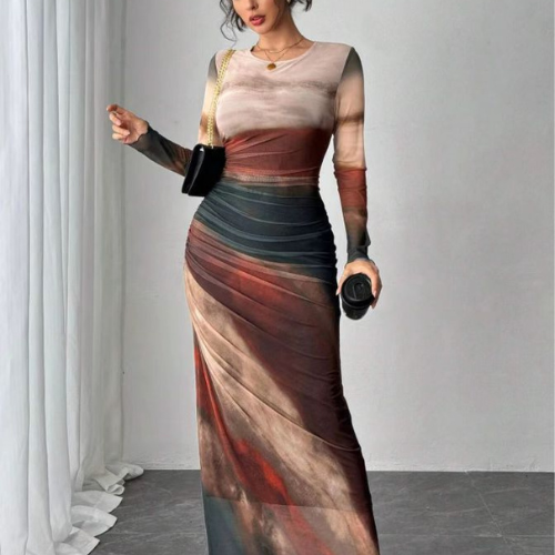 TORINA - Robe maxi imprimée confortable à manches longues et col rond
