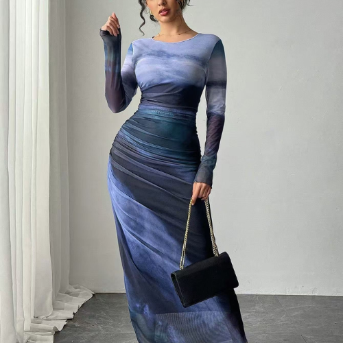 TORINA - Robe maxi imprimée confortable à manches longues et col rond