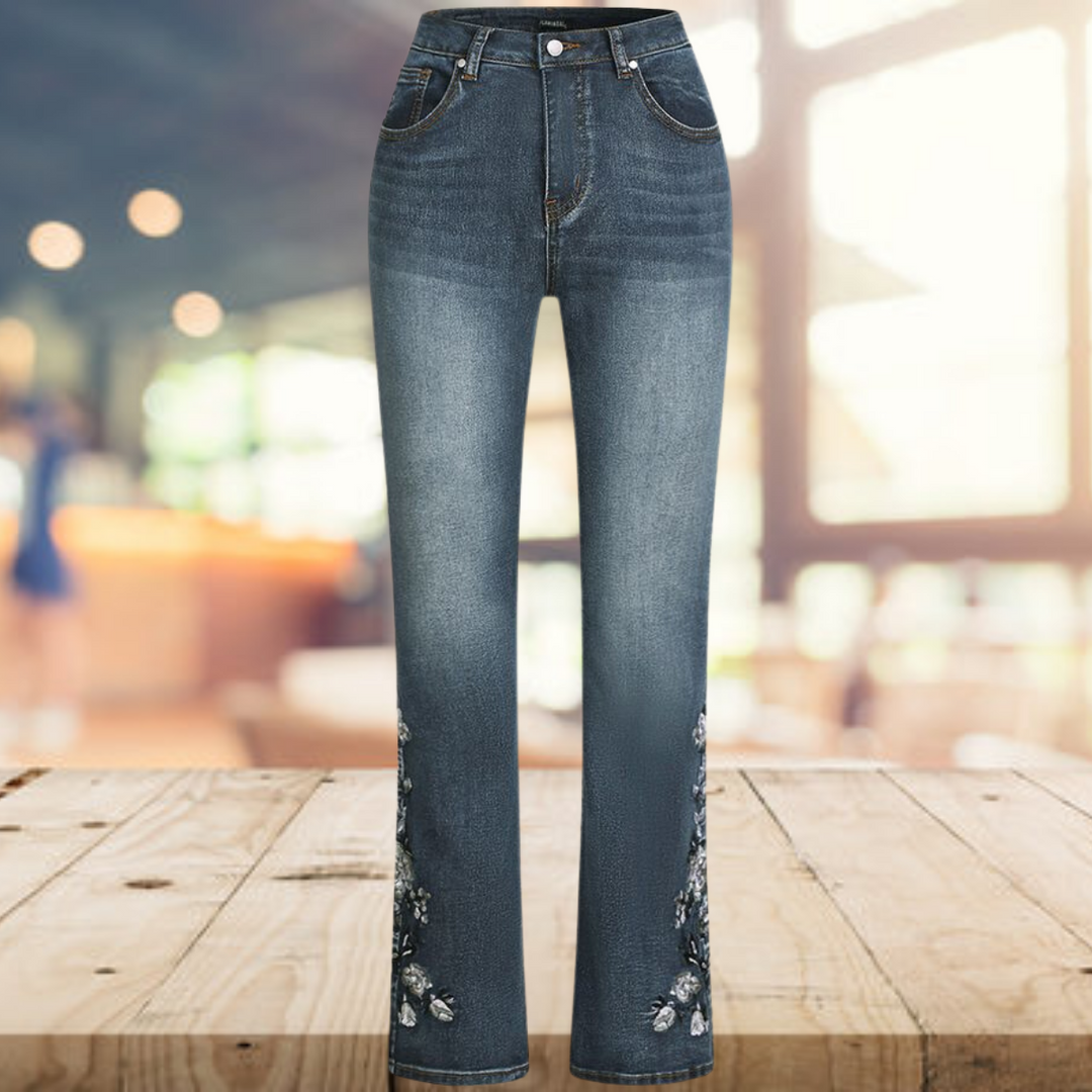 Scarlett - Pantalon flare en denim imprimé vintage décontracté