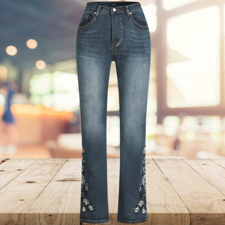 Scarlett - Pantalon flare en denim imprimé vintage décontracté