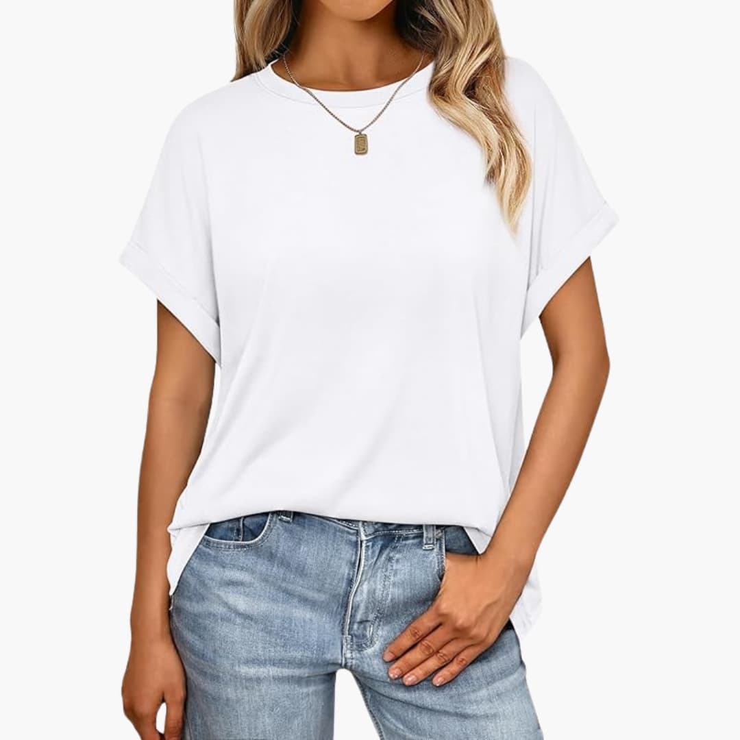 T-shirt oversize pour femmes avec col rond et manches retroussées