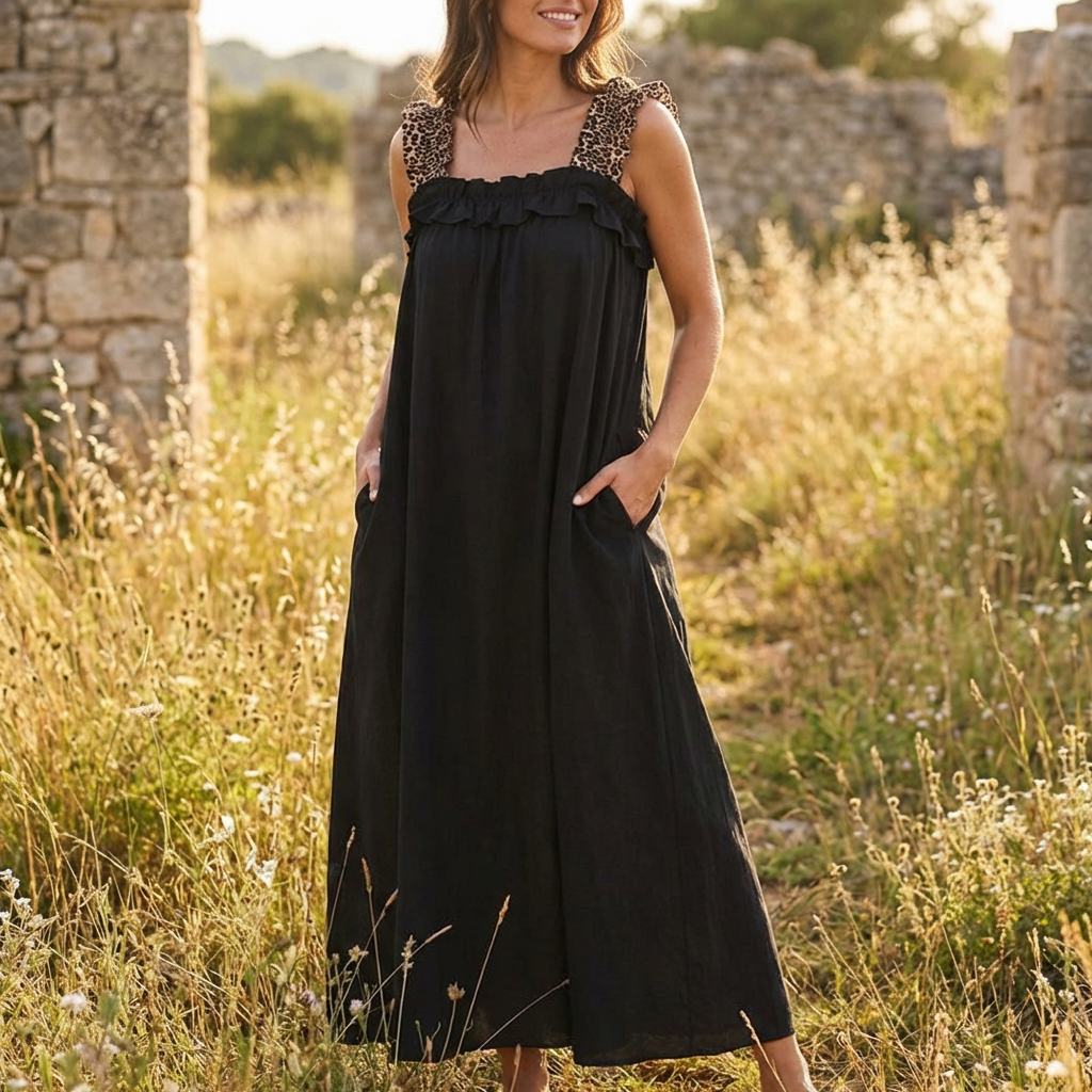 Robe maxi Neapel™ en viscose légère avec bretelles léopard et coupe fluide