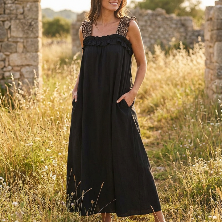 Robe maxi Neapel™ en viscose légère avec bretelles léopard et coupe fluide