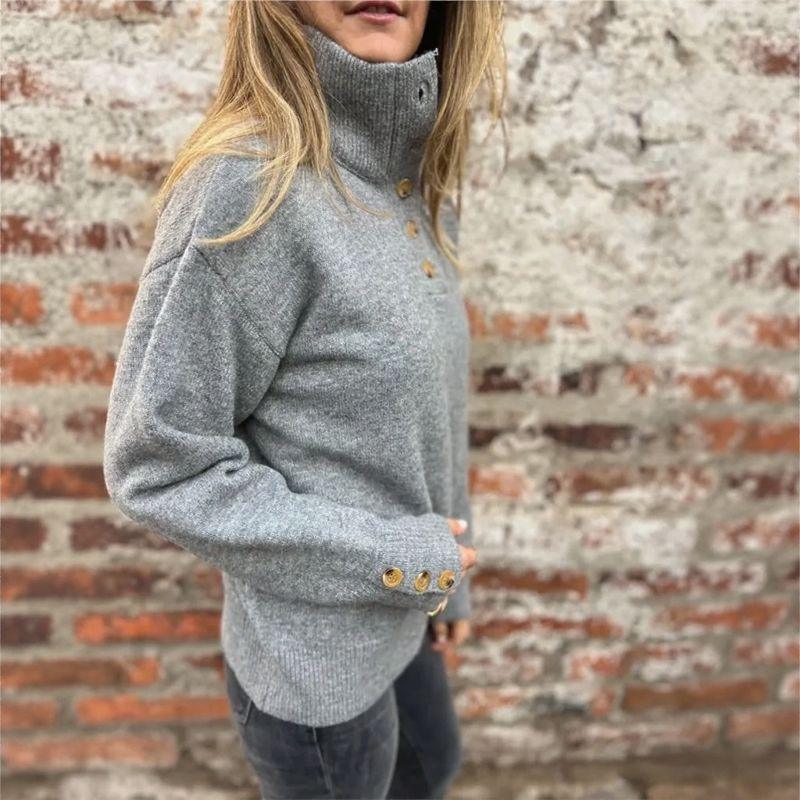 Pull en tricot premium pour femmes avec col roulé et boutons élégants / Chaud et raffiné, minimaliste !