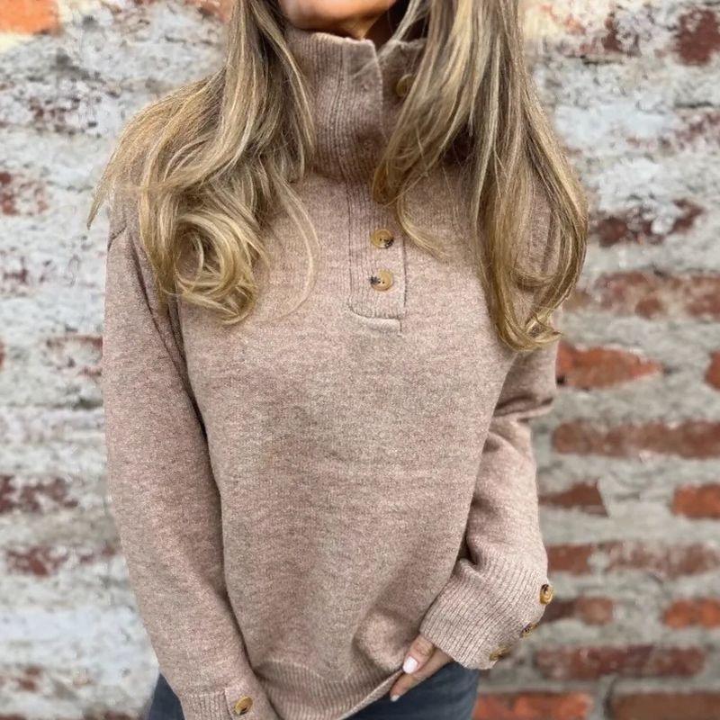 Pull en tricot premium pour femmes avec col roulé et boutons élégants / Chaud et raffiné, minimaliste !
