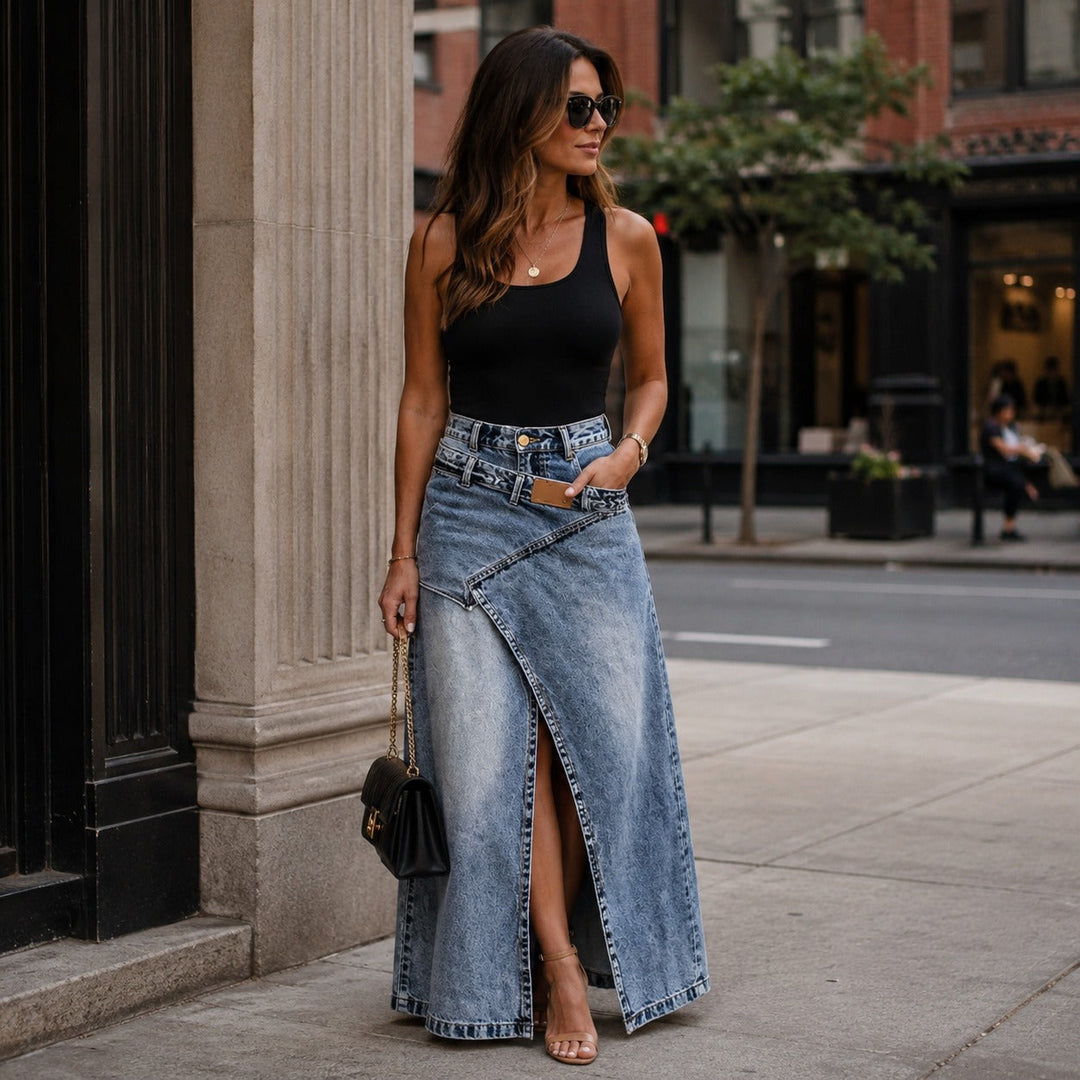 Jupe Maxi en Jean Siena™ avec Silhouette Allongeante et Design Moderne