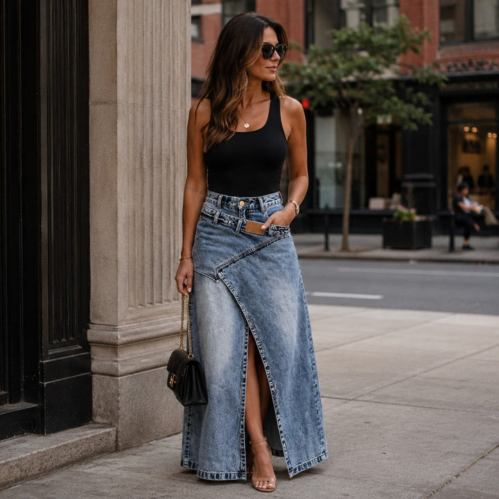 Jupe Maxi en Jean Siena™ avec Silhouette Allongeante et Design Moderne