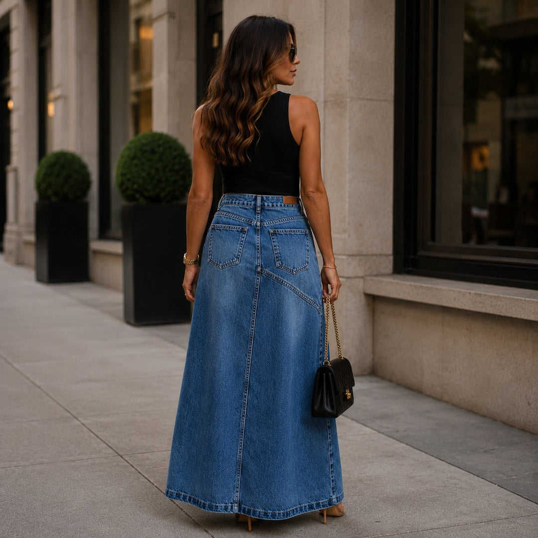 Jupe Maxi en Jean Siena™ avec Silhouette Allongeante et Design Moderne