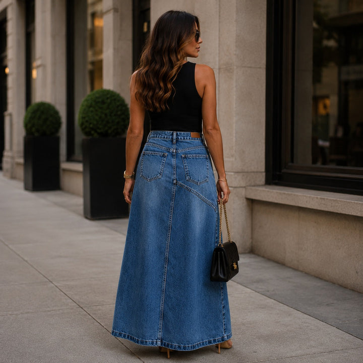 Jupe Maxi en Jean Siena™ avec Silhouette Allongeante et Design Moderne