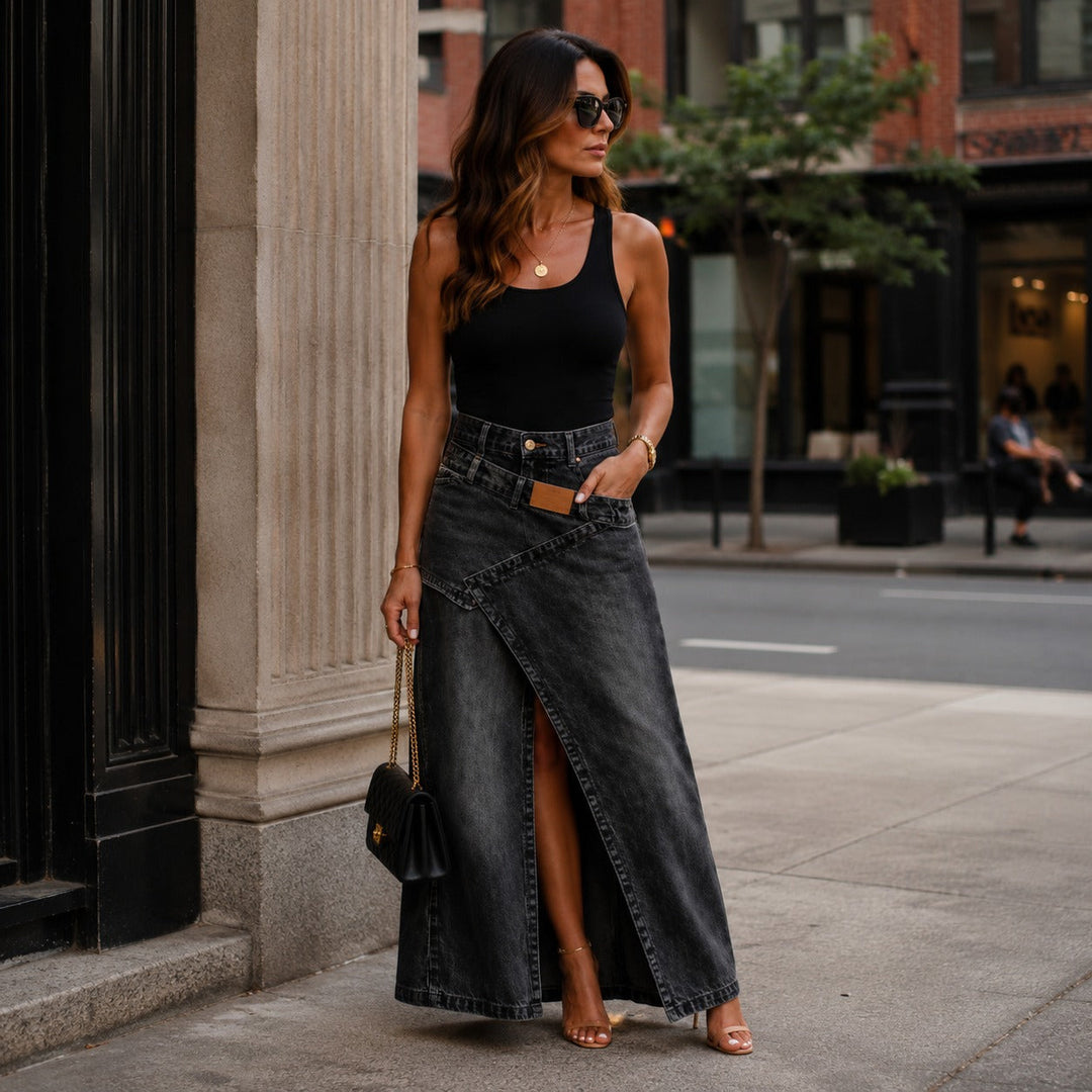 Jupe Maxi en Jean Siena™ avec Silhouette Allongeante et Design Moderne