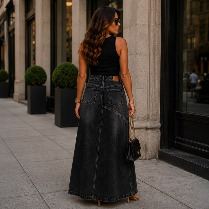 Jupe Maxi en Jean Siena™ avec Silhouette Allongeante et Design Moderne