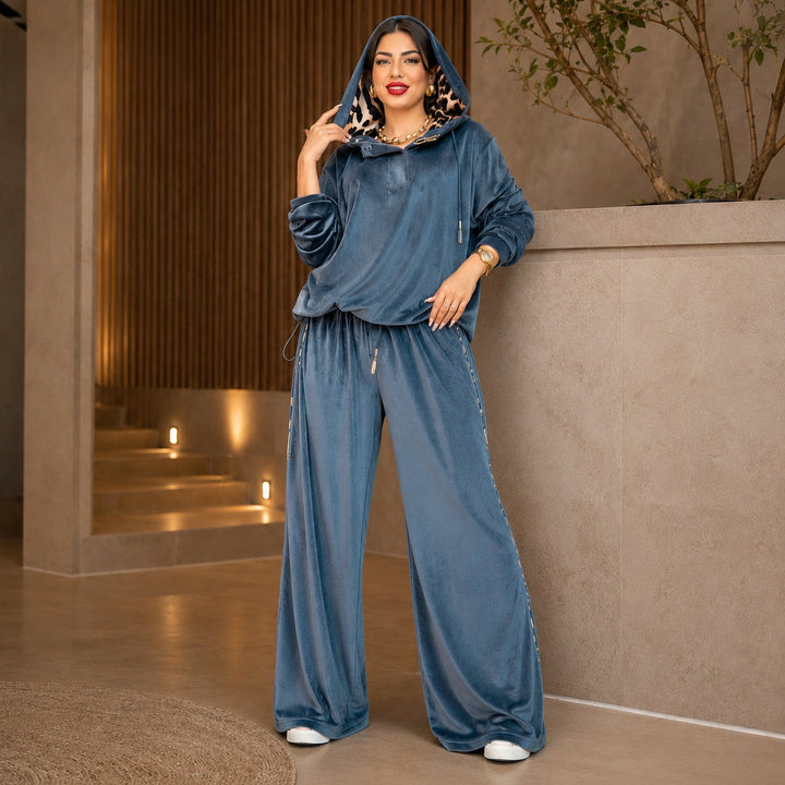Ensemble Velours Premium Brielle™ avec Capuche à Imprimé Animal et Pantalon Palazzo