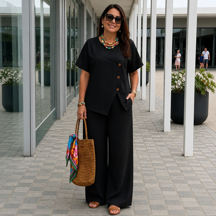 Ensemble Savena™ en coton-lin avec blouse asymétrique et pantalon palazzo fluide
