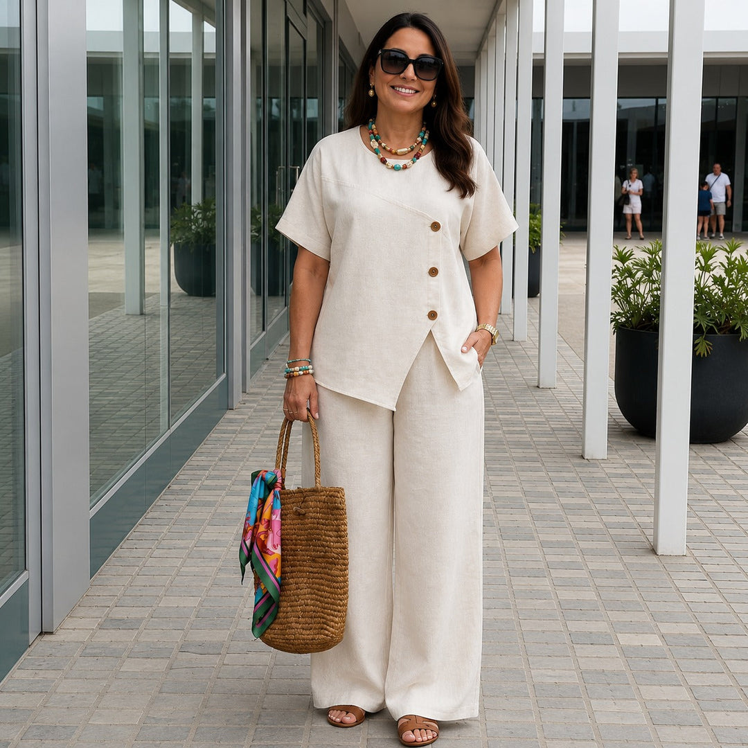 Ensemble Savena™ en coton-lin avec blouse asymétrique et pantalon palazzo fluide