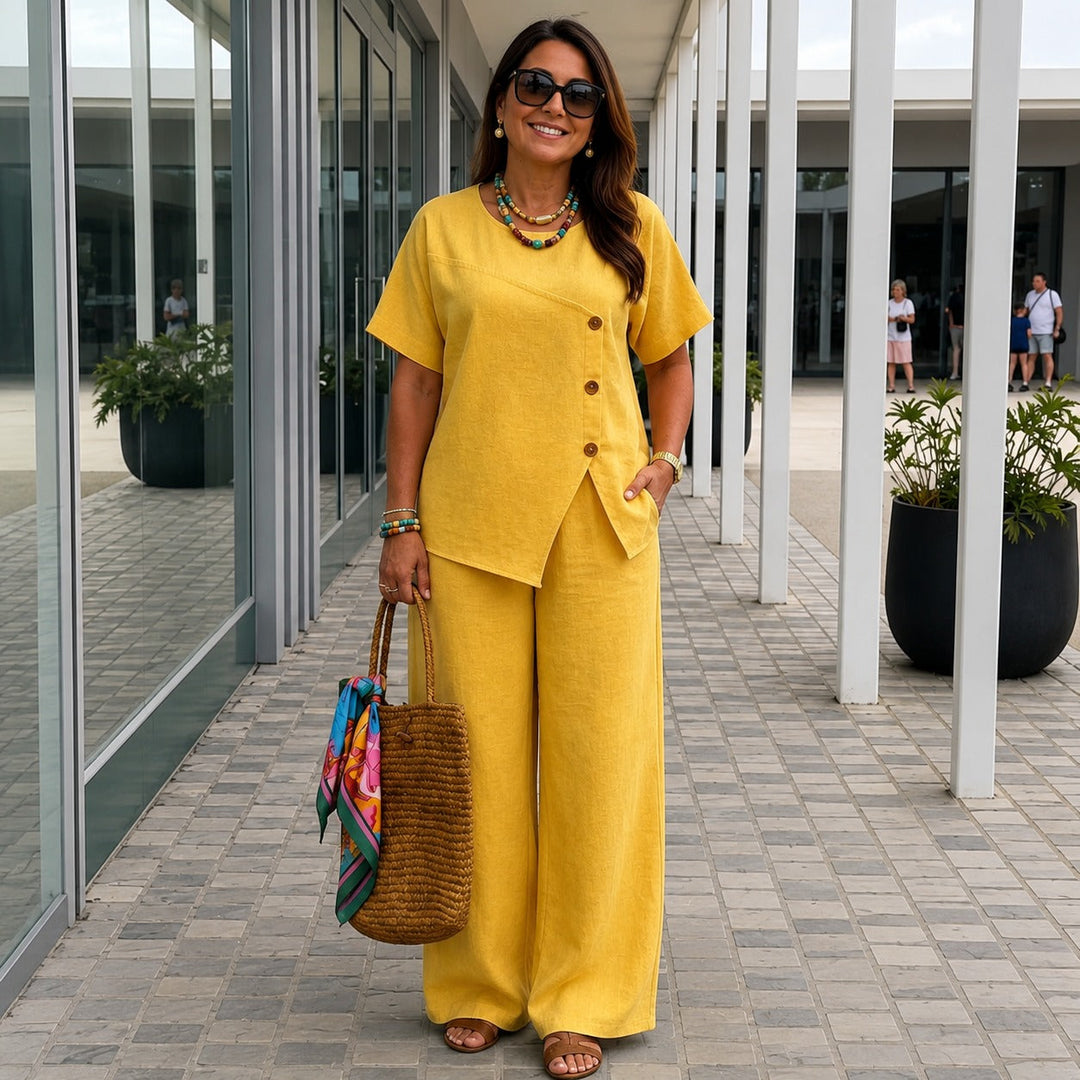 Ensemble Savena™ en coton-lin avec blouse asymétrique et pantalon palazzo fluide