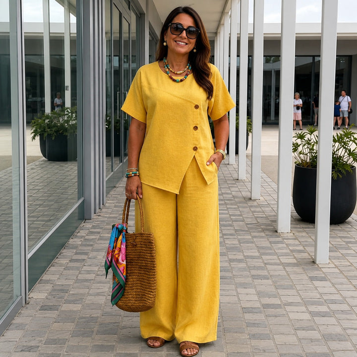 Ensemble Savena™ en coton-lin avec blouse asymétrique et pantalon palazzo fluide