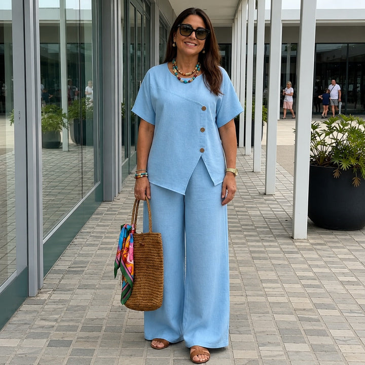 Ensemble Savena™ en coton-lin avec blouse asymétrique et pantalon palazzo fluide