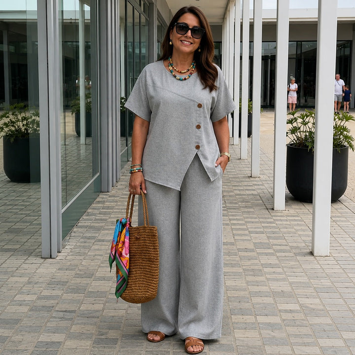Ensemble Savena™ en coton-lin avec blouse asymétrique et pantalon palazzo fluide