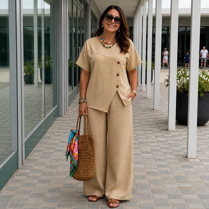 Ensemble Savena™ en coton-lin avec blouse asymétrique et pantalon palazzo fluide
