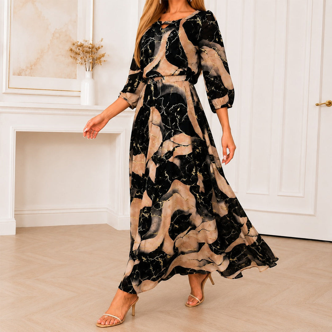 Robe Maxi Elvira™ avec motif abstrait, taille marquée et manches 3/4