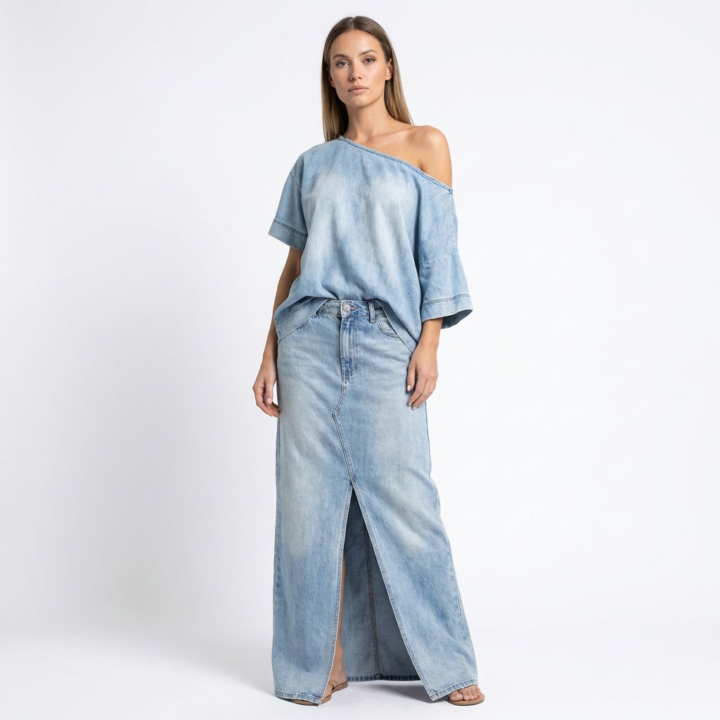 Ensemble Capri Bleu™ avec Haut Asymétrique et Jupe en Jean Légère