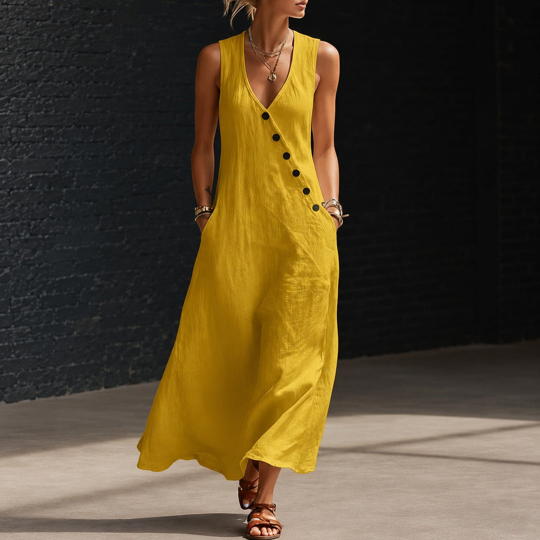 Robe Midi Antonella™ avec Boutons Élégants et Décolleté en V